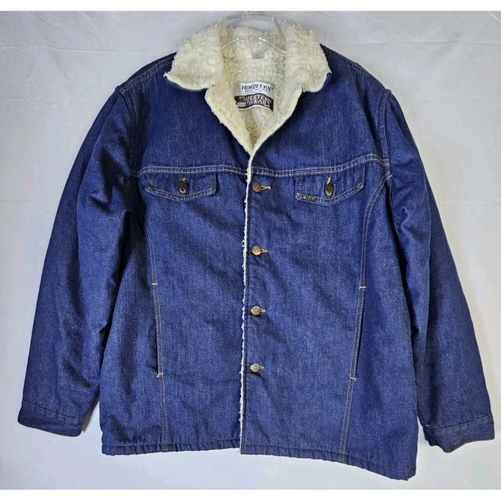 SEARS Roebucks Jacket Men 46-T XL Blue Sherpa Denim Coat Western Cowboy 80s Vtg